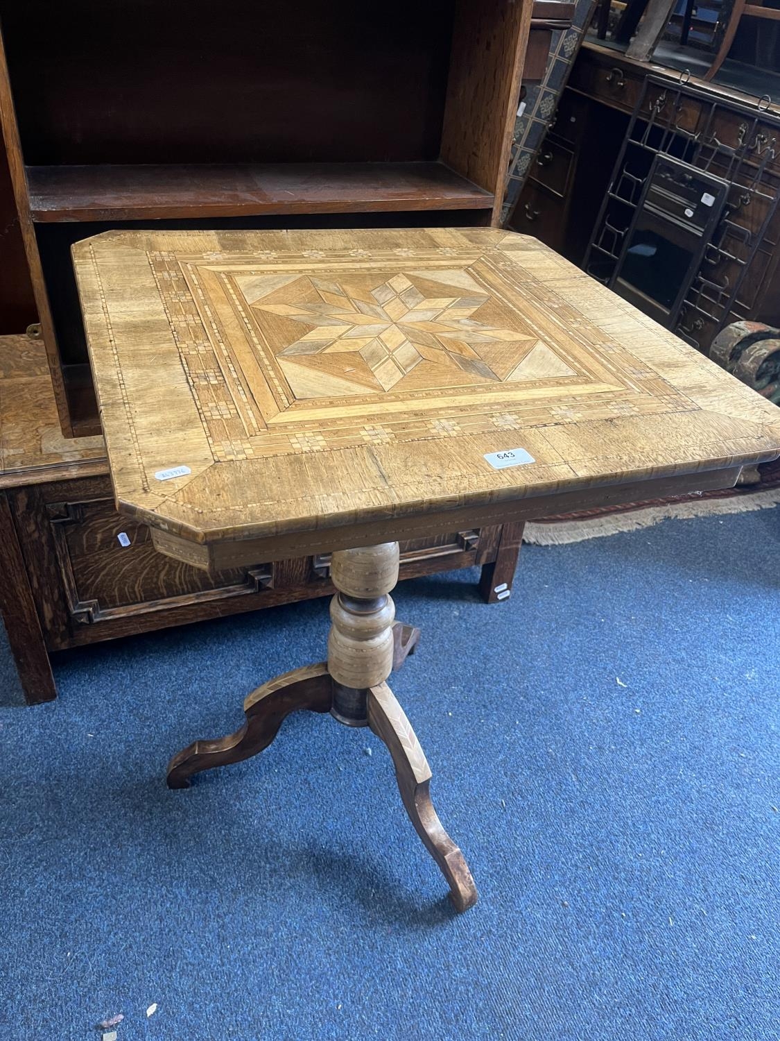 Antique parquetry inlaid occasional table, raised on turned and inlaid ...