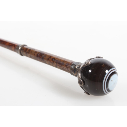 Silver mounted swagger stick with banded agate sphere finial, 80cm long.