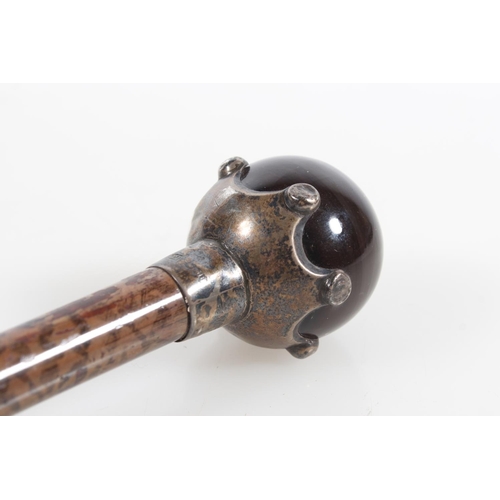 Silver mounted swagger stick with banded agate sphere finial, 80cm long.