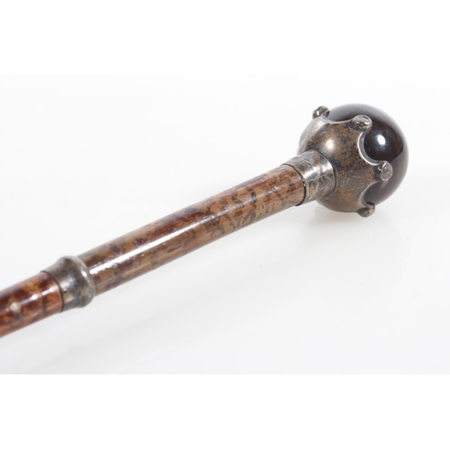 Silver mounted swagger stick with banded agate sphere finial, 80cm long.