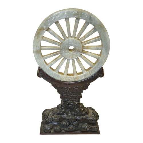 191 - Chinese nephrite jade bi-disc rotating Buddhist prayer wheel, with all over incised symbols and rais... 