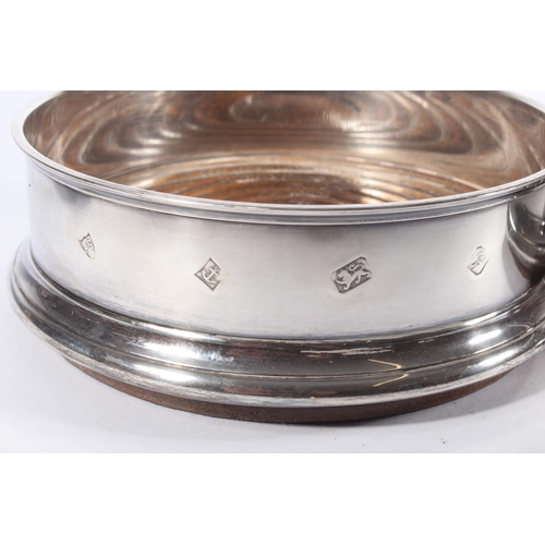 1 - Pair of contemporary silver and oak wine slides with blue fabric bases, Argyll Silver, Birmingham, 1... 