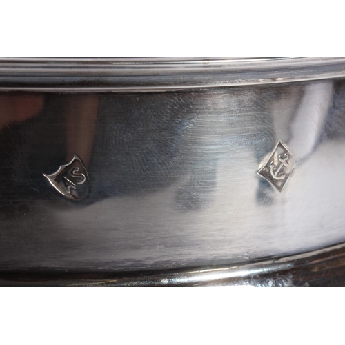 1 - Pair of contemporary silver and oak wine slides with blue fabric bases, Argyll Silver, Birmingham, 1... 