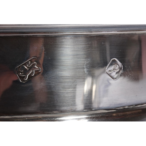 1 - Pair of contemporary silver and oak wine slides with blue fabric bases, Argyll Silver, Birmingham, 1... 