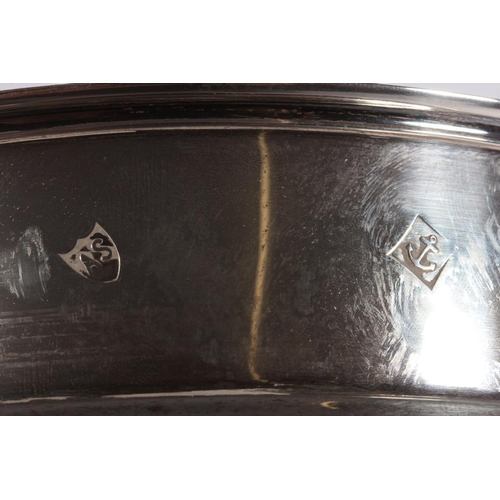 1 - Pair of contemporary silver and oak wine slides with blue fabric bases, Argyll Silver, Birmingham, 1... 