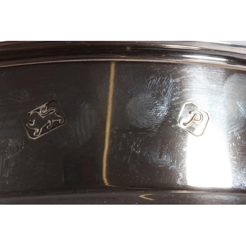 1 - Pair of contemporary silver and oak wine slides with blue fabric bases, Argyll Silver, Birmingham, 1... 