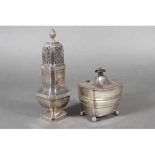 15 - Geo V silver sugar castor of typical form, DU Co, Birmingham, 1932, 155g and a Victorian silver hing... 
