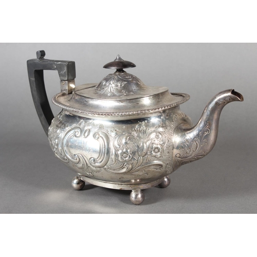 19 - Victorian silver teapot with heavily foliate decorated body and ebonised handle raised on ball suppo... 
