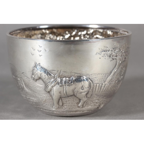 21 - Victorian silver bowl depicting a horse and figure by a house, Robert Humphries, 1881, London, 110g.