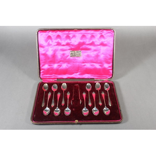 26 - Victorian set of twelve silver teaspoons and matching sugar tongs, in fitted case, Martin, Hall &amp... 