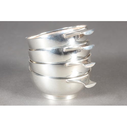 11 - Set of four silver twin handled quaichs or salts of plain form,&nbsp;Roberts & Belk Ltd, London,... 