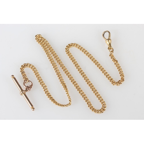 142 - 22ct yellow gold curb link watch guard with dog tooth clip and added 9ct yellow gold t-bar, 44.6g to... 
