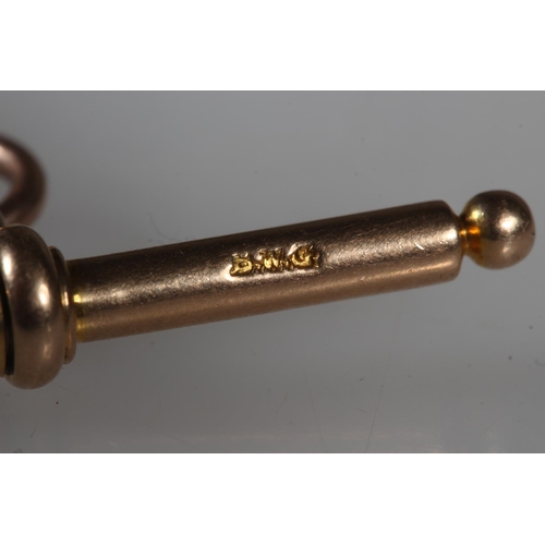 142 - 22ct yellow gold curb link watch guard with dog tooth clip and added 9ct yellow gold t-bar, 44.6g to... 