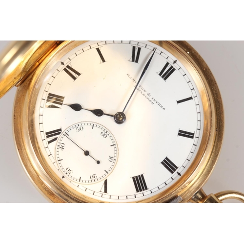 191 - 18ct yellow gold half hunter pocket watch, the white enamel dial with Roman Numeral chapter ring and... 