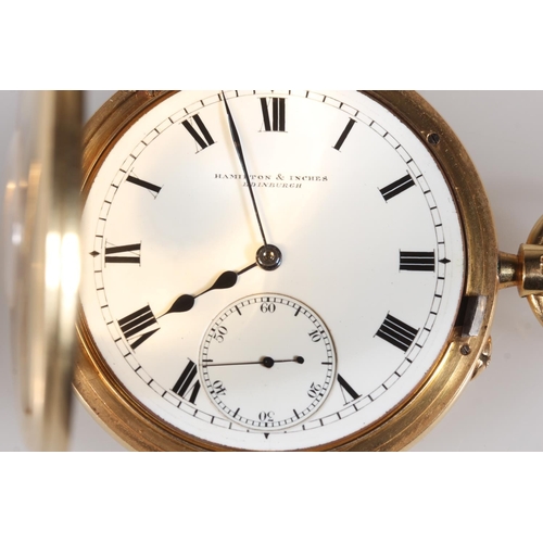 191 - 18ct yellow gold half hunter pocket watch, the white enamel dial with Roman Numeral chapter ring and... 