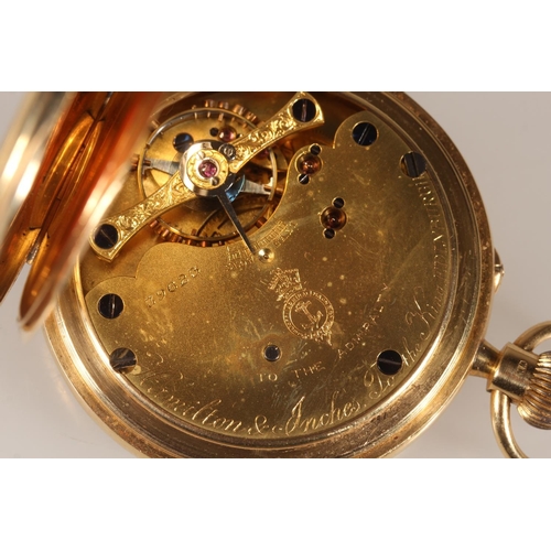 191 - 18ct yellow gold half hunter pocket watch, the white enamel dial with Roman Numeral chapter ring and... 