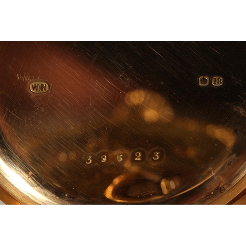 191 - 18ct yellow gold half hunter pocket watch, the white enamel dial with Roman Numeral chapter ring and... 