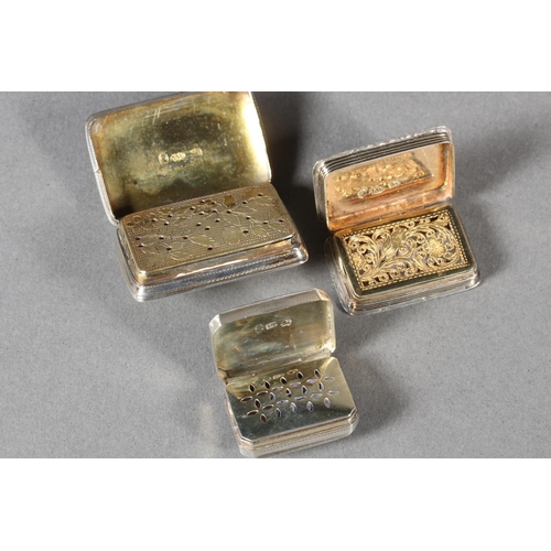 6 - Three antique silver vinaigrettes, two by Joseph Wilmore and one Joseph Taylor, Birmingham, 49g.