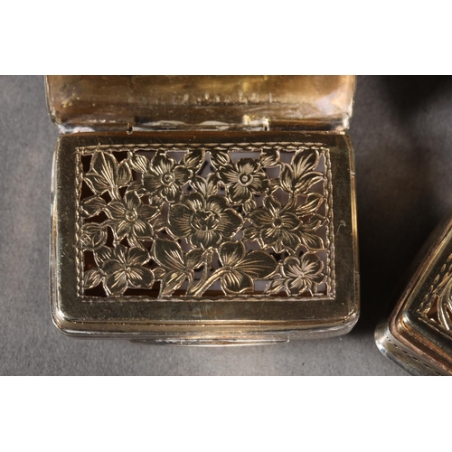 7 - Two antique silver vinaigrettes, Nathaniel Mills and Thomas Shaw, Birmingham, and a small silver snu... 