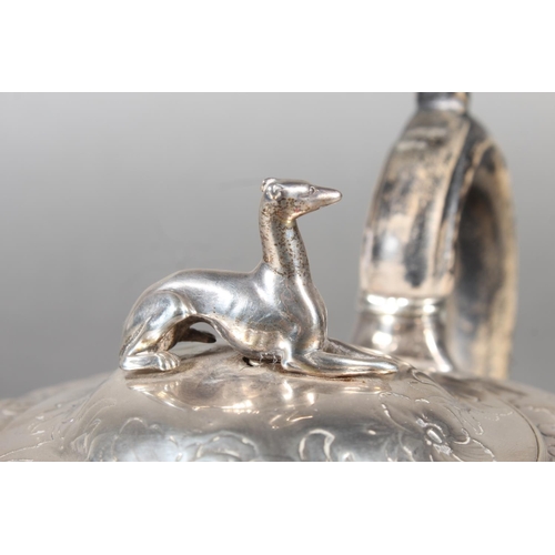 43 - Geo IV silver teapot with heavy foliate decoration and greyhound or whippet mount finial to the lid,... 