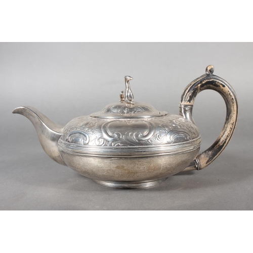 43 - Geo IV silver teapot with heavy foliate decoration and greyhound or whippet mount finial to the lid,... 