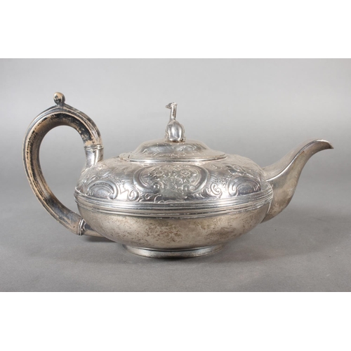 43 - Geo IV silver teapot with heavy foliate decoration and greyhound or whippet mount finial to the lid,... 