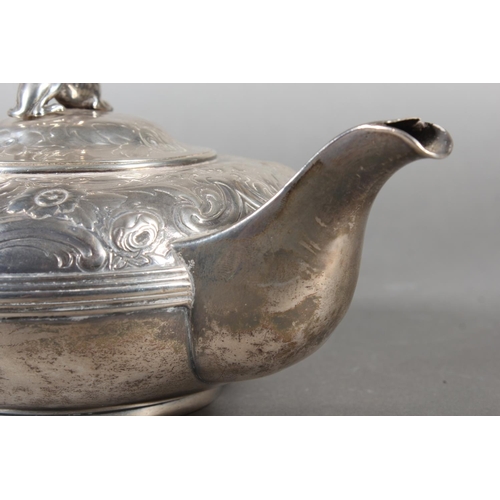 43 - Geo IV silver teapot with heavy foliate decoration and greyhound or whippet mount finial to the lid,... 