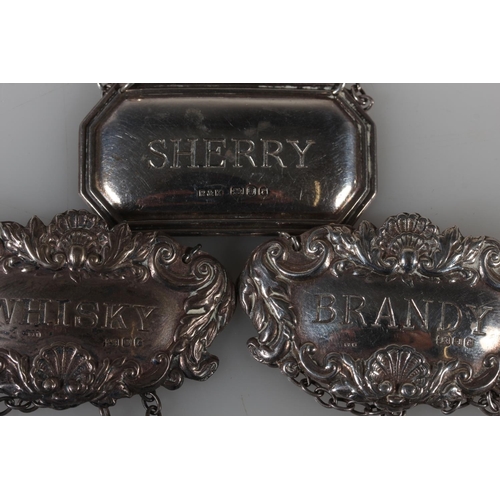 47 - Three silver decanter labels or bottle tags, 'Whisky' 'Brandy' and 'Sherry', all Richards & Knig... 