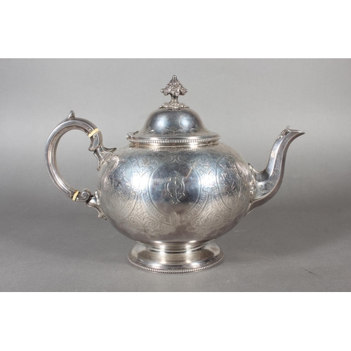 48 - Victorian silver three piece tea service with heavy foliate decoration, loop handle and knop to the ... 