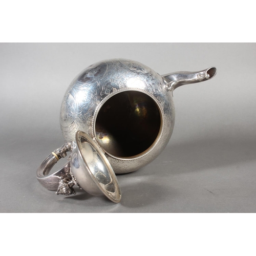 48 - Victorian silver three piece tea service with heavy foliate decoration, loop handle and knop to the ... 