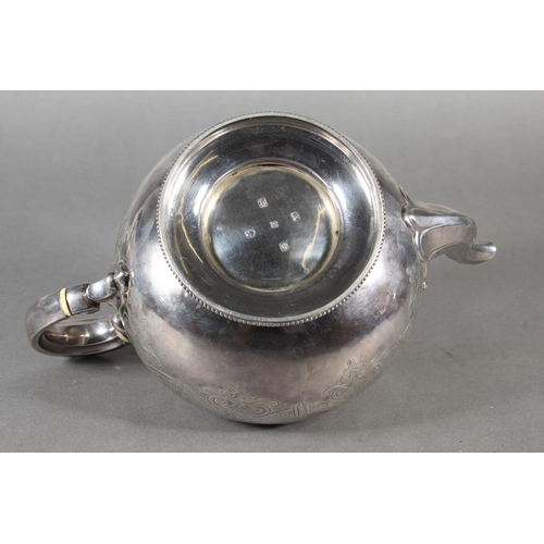 48 - Victorian silver three piece tea service with heavy foliate decoration, loop handle and knop to the ... 