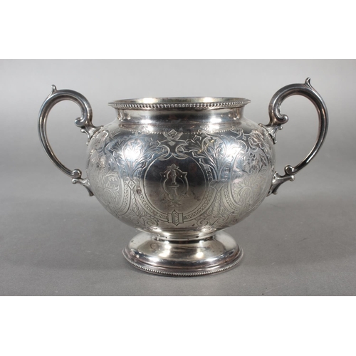 48 - Victorian silver three piece tea service with heavy foliate decoration, loop handle and knop to the ... 