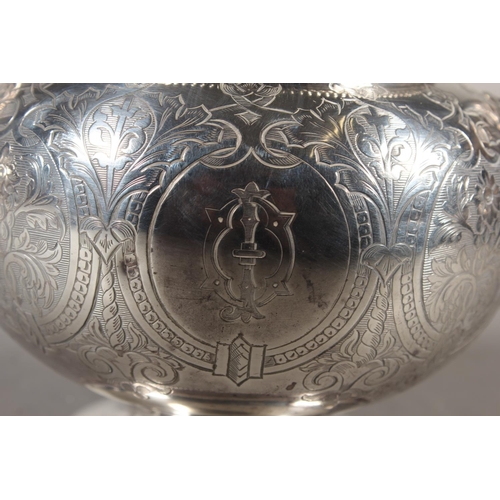 48 - Victorian silver three piece tea service with heavy foliate decoration, loop handle and knop to the ... 