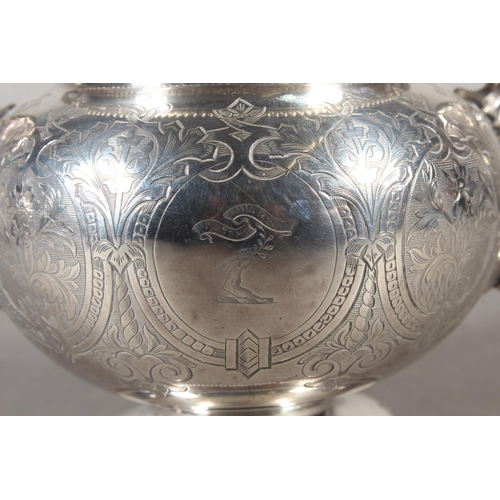 48 - Victorian silver three piece tea service with heavy foliate decoration, loop handle and knop to the ... 