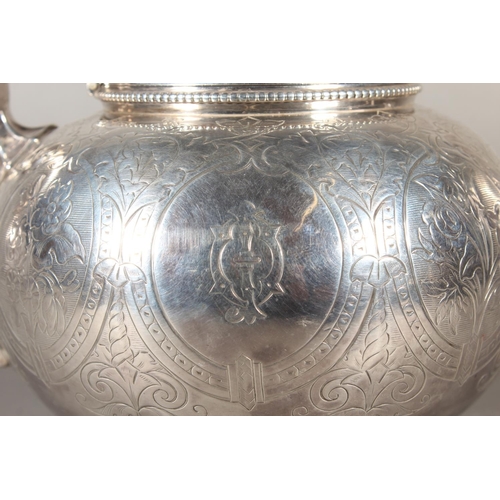 48 - Victorian silver three piece tea service with heavy foliate decoration, loop handle and knop to the ... 