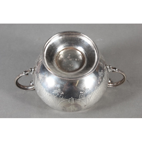 48 - Victorian silver three piece tea service with heavy foliate decoration, loop handle and knop to the ... 
