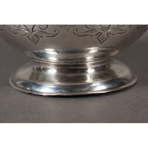 48 - Victorian silver three piece tea service with heavy foliate decoration, loop handle and knop to the ... 