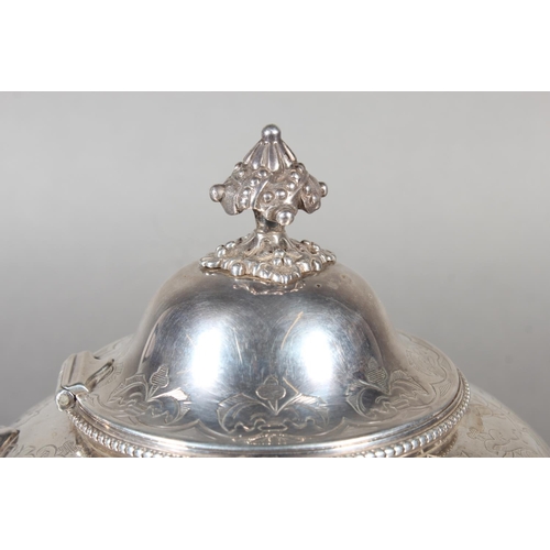 48 - Victorian silver three piece tea service with heavy foliate decoration, loop handle and knop to the ... 