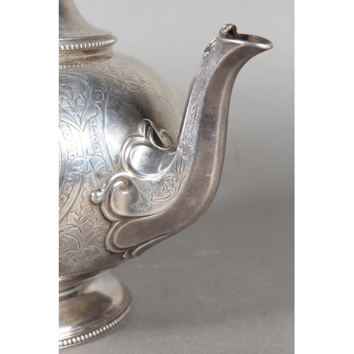 48 - Victorian silver three piece tea service with heavy foliate decoration, loop handle and knop to the ... 