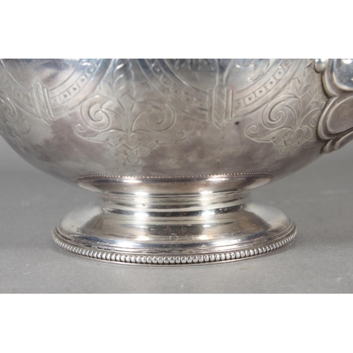 48 - Victorian silver three piece tea service with heavy foliate decoration, loop handle and knop to the ... 