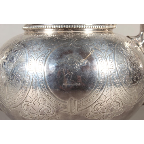 48 - Victorian silver three piece tea service with heavy foliate decoration, loop handle and knop to the ... 