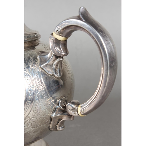 48 - Victorian silver three piece tea service with heavy foliate decoration, loop handle and knop to the ... 
