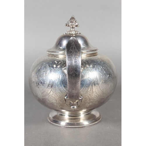 48 - Victorian silver three piece tea service with heavy foliate decoration, loop handle and knop to the ... 