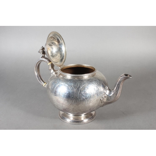 48 - Victorian silver three piece tea service with heavy foliate decoration, loop handle and knop to the ... 