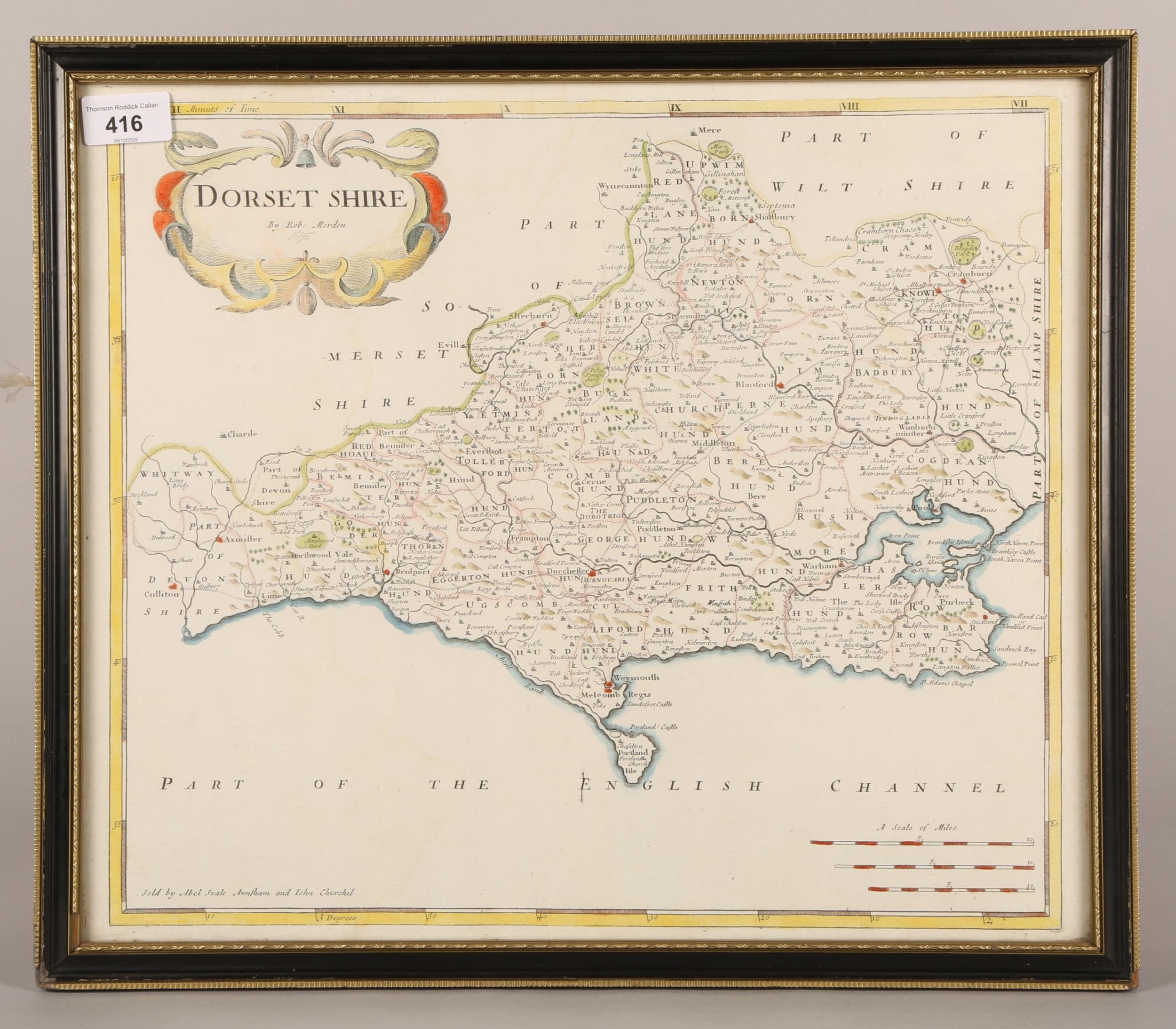 Framed Antique Map of Dorsetshire, dated 1695, Robert Morden, 37cm x 44cm