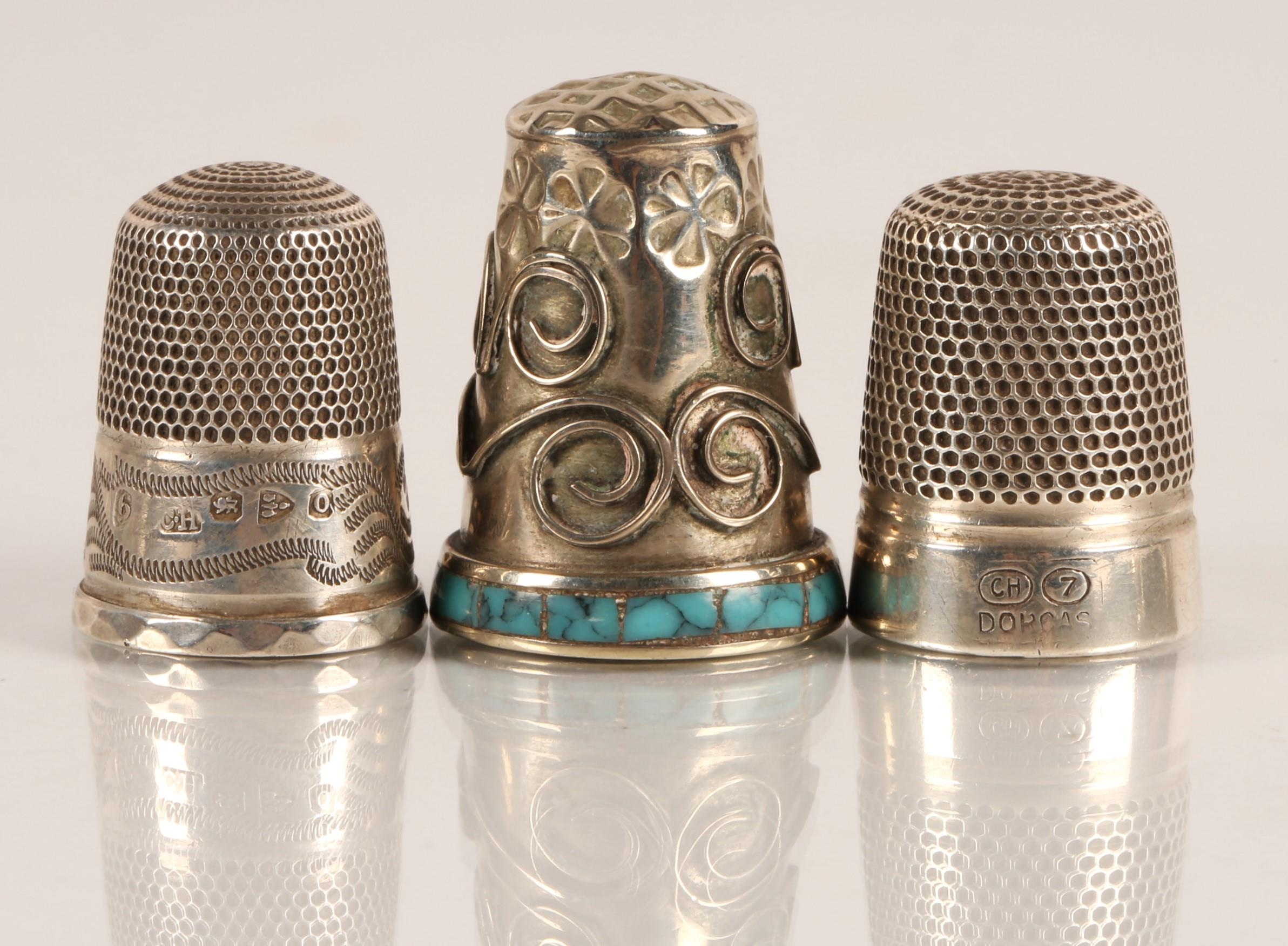 Collection of silver and white metal pill boxes, thimbles, decanter ...