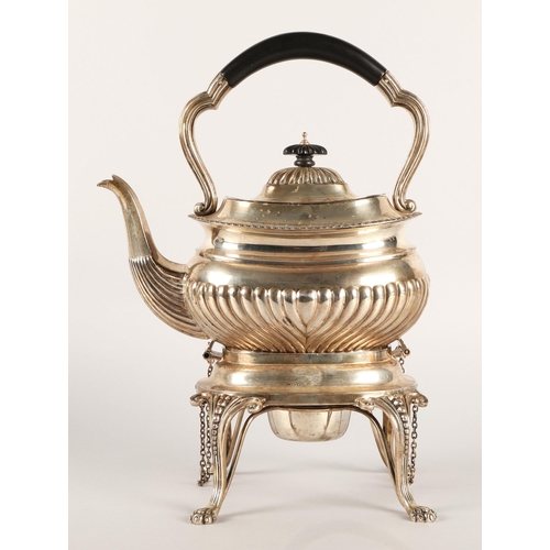 115 - Silver spirit kettle on stand, Birmingham, with gadrooned border and part fluted, silver burner, on ... 