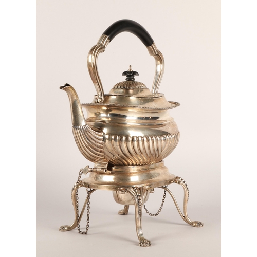 115 - Silver spirit kettle on stand, Birmingham, with gadrooned border and part fluted, silver burner, on ... 
