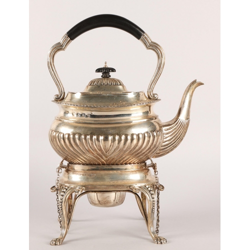 115 - Silver spirit kettle on stand, Birmingham, with gadrooned border and part fluted, silver burner, on ... 