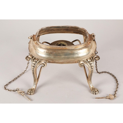 115 - Silver spirit kettle on stand, Birmingham, with gadrooned border and part fluted, silver burner, on ... 